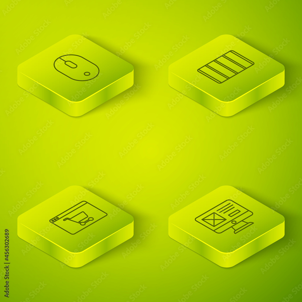 Poster set isometric line color palette guide, online shopping on screen, ui ux design and computer mouse i