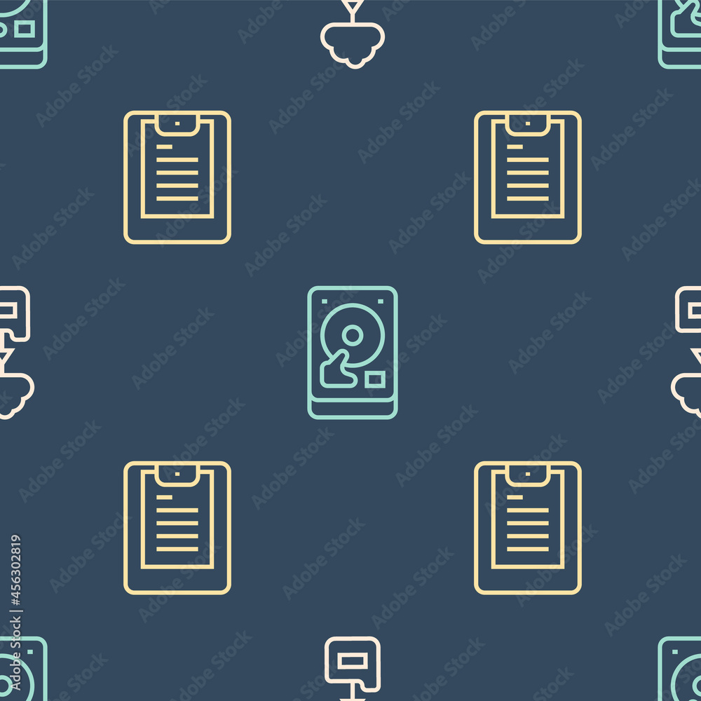 Poster set line cloud technology data transfer, server, data report and hard disk drive hdd on seamless pat