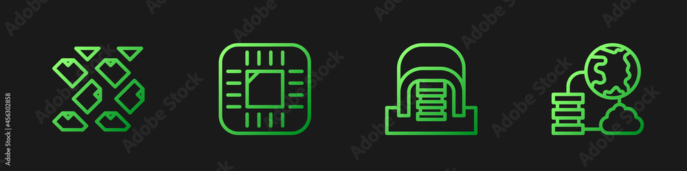 Aufkleber set line hangar with servers, data stream, processor cpu and network cloud connection. gradient colo