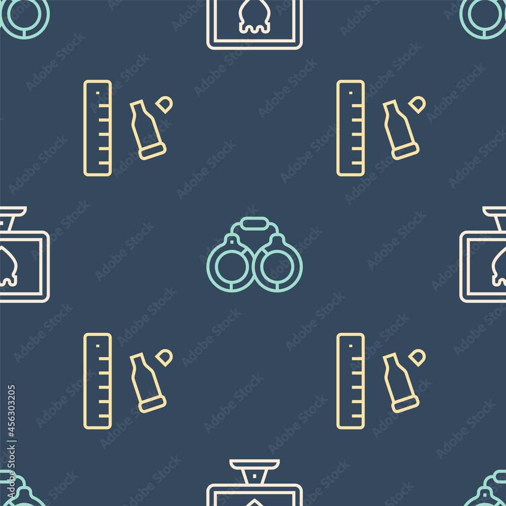 Poster set line police database, bullet casing with ruler and handcuffs on seamless pattern. vector