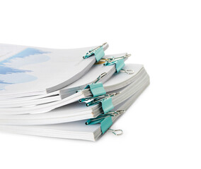 Stack of documents on white background, closeup