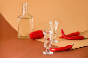 Shot of tasty tequila with chili peppers on color background