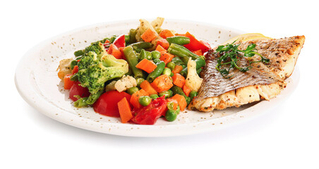Plate with tasty baked cod fillet and vegetables on white background
