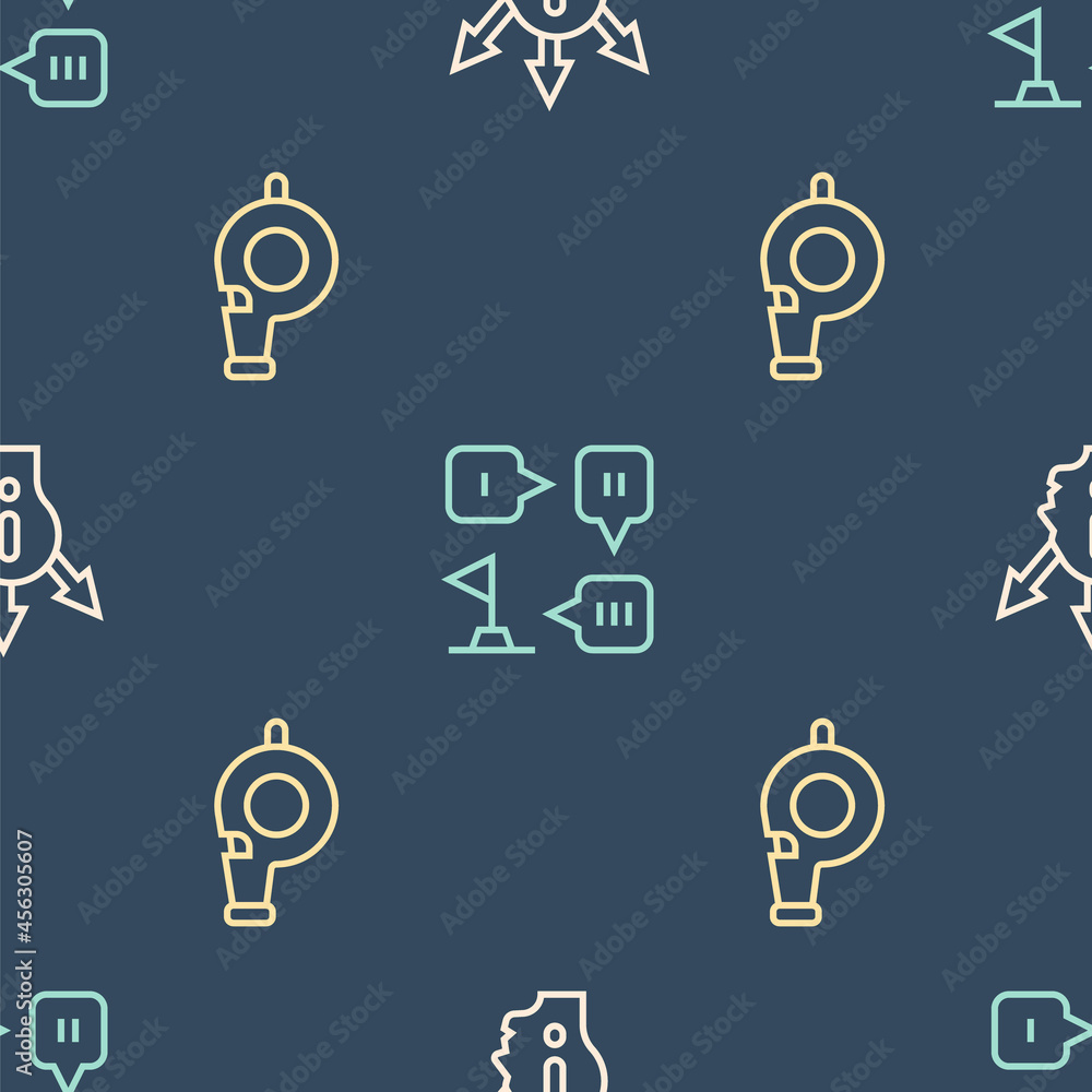 Poster set line project team base, whistle and planning strategy on seamless pattern. vector
