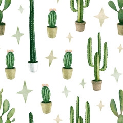 Watercolor seamless pattern with green cacti and succulents in pots and stars. Watercolour sketch cactus clipart on a white background wrapping paper, scrapbooking paper.