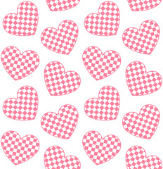 Vector seamless pattern of pink flat heart with chess checkered texture isolated on white background