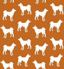 Vector seamless pattern of hand drawn doodle sketch Japanese akita inu dog silhouette isolated on brown background