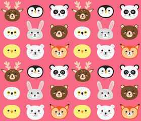 Vector seamless pattern of hand drawn doodle flat animal head face isolated on pink background