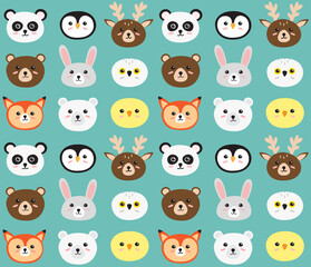 Vector seamless pattern of hand drawn doodle flat animal head face isolated on mint background