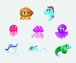 Funny Ocean Characters Varios Actions Vector Pack