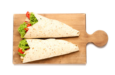 Wooden board with tasty Fajitas on white background