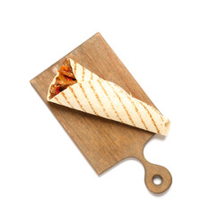 Wooden board with tasty Fajitas on white background
