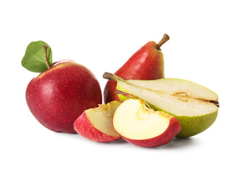 Ripe pears and apples on white background