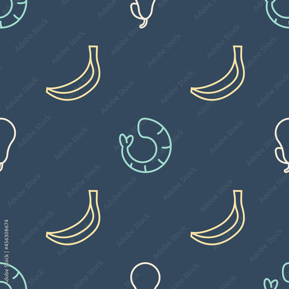 Poster Set line Pear, Banana and Shrimp on seamless pattern. Vector
