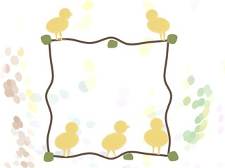 枝と葉とひよこのカード素材 カラフル背景 © Tomona