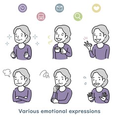 シニア女性の喜怒哀楽など感情表現イラスト素材セット