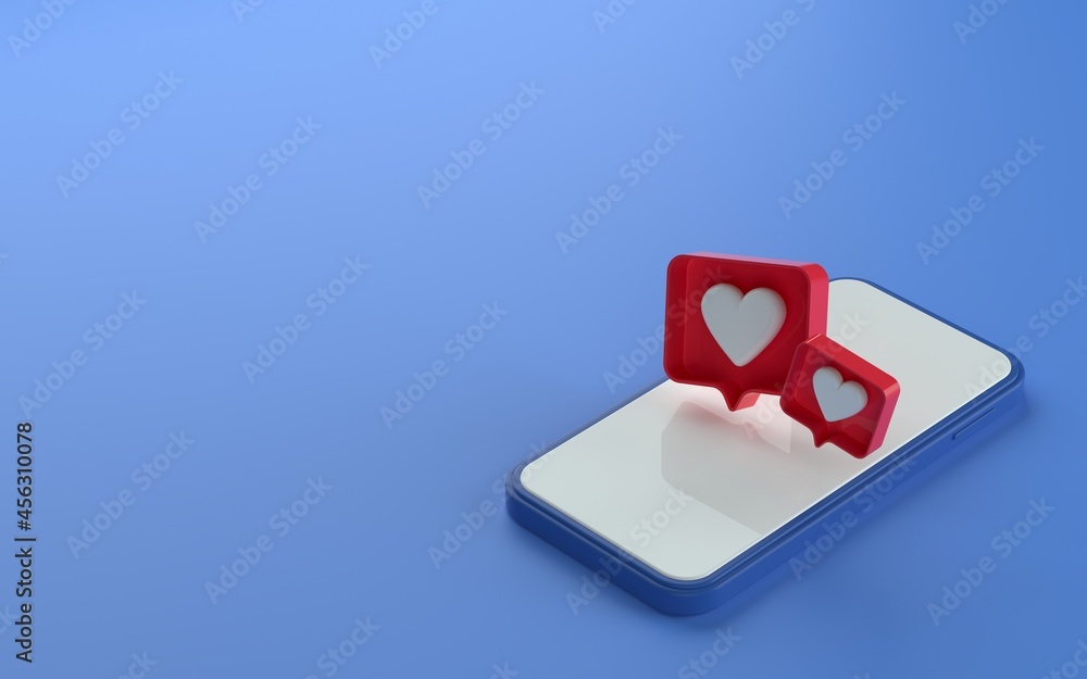 Poster 3d illustration of isometric view phone with like notification icon on top and side