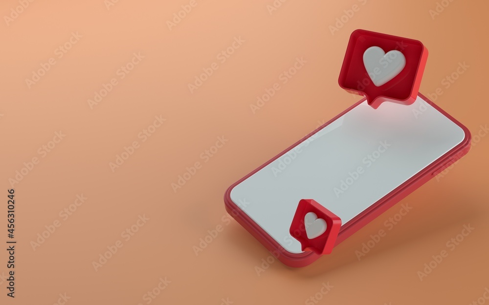 Poster 3d illustration of isometric view phone with like notification icon on top and side