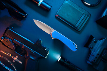 Everyday Carry Gear Kit Setup Flat Lay Blue Knife Wallet