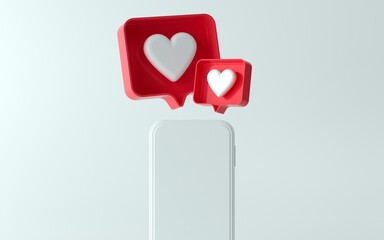 3d illustration of phone with like notification icon on top and side