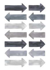 Watercolor illustration set of directional arrows of various black and gray shades. Hand drawn water color graphic drawing on white background, cutout clip art elements for creative design decoration.