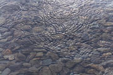 Beautiful clear, pristine lake in northern Canada during summer time with rocks, water ripples while raining. Great background, desktop picture, calm, serene. 