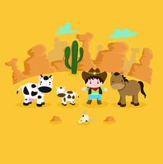 Cowboy kid with cow and horse