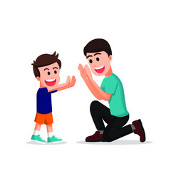 a boy does a double high five with his father