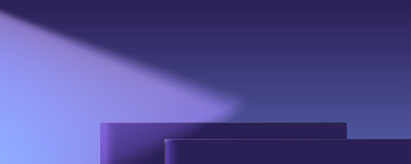 Front view to dark room with podiums for products. Part of scene illuminated of spotlight. Scene for product display. Vector illustration