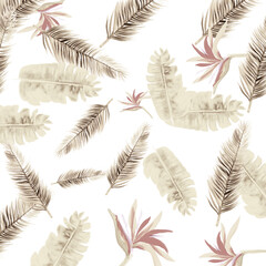 Brown Pattern Palm. White Tropical Texture. Gray Floral Plant. Decoration Vintage. Floral Palm. Summer Foliage. Spring Art. Wallpaper Art.