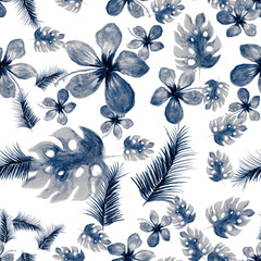 Cobalt Seamless Textile. Indigo Pattern Vintage. White Tropical Foliage. Blue Wallpaper Texture. Navy Drawing Texture. Azure Decoration Nature. Monstera Leaves.