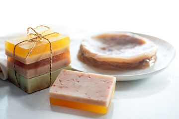 Handmade Kombucha natural soap, stack of soap bars and Kombucha mushroom pro biotic on plate, Kombucha SCOBY 
