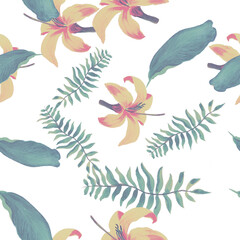 Natural Tropical Art. Yellow Seamless Textile. White Pattern Plant. Organic Floral Plant. Green Wallpaper Art. Flora Exotic. Decoration Illustration.