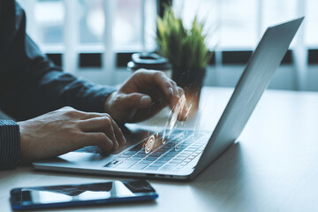 Close up of Business man work in office with laptop. Concept of analysis,growth, Market research reports and income statistics, Financial and Accounting ,double exposure with network effects.