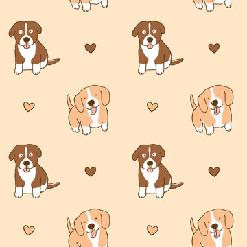 Seamless Pattern with Cartoon Puppy and Heart Illustration on Beige Color Background