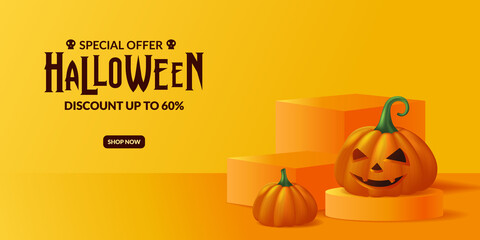 Special offer jack o lantern 3d pumpkin for halloween party promotion with stage podium display advertising banner template