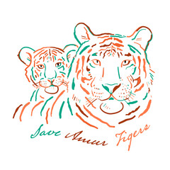 Tigress with cub. Tigers family for your design. Save the Tigers.