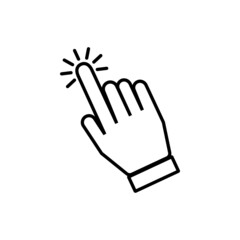 Click here the hand button. Finger click icon. Hand action button. Computer mouse hand pointer symbol. Hand button for website design. SVG click here hand button.