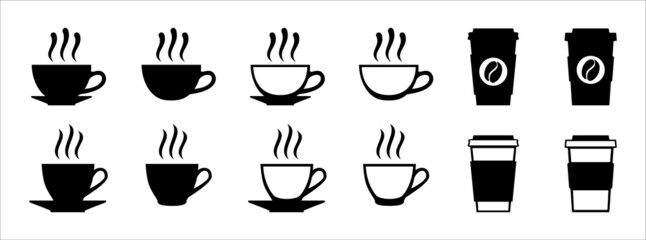 Coffee cup icon set. Hot drink cup icons vector set. Assorted cup with coaster vector stock illustration
