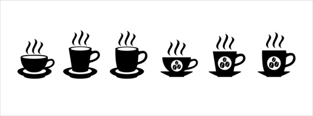 Coffee cup icon set. Hot drink cup icons vector set. Assorted cup with coaster vector stock illustration
