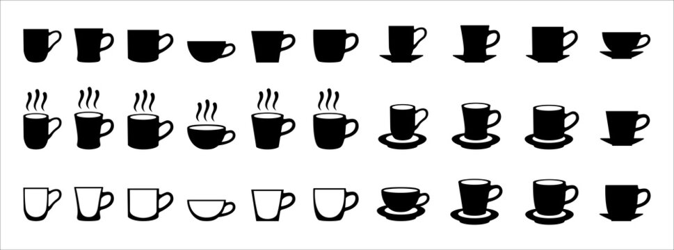Coffee cup icon set. Hot drink cup icons vector set. Assorted cup with coaster vector stock illustration