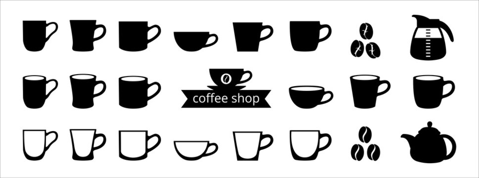 Coffee cup icon set. Hot drink cup icons vector set. Assorted cup with coaster vector stock illustration