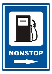 gas station, road sign, text nonstop, vector icon, arrow right,  blue background