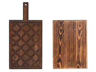 brown wooden textured cutting board made of wood material isolated on white background, design element and food table setting concept flat lay top view, copy space text