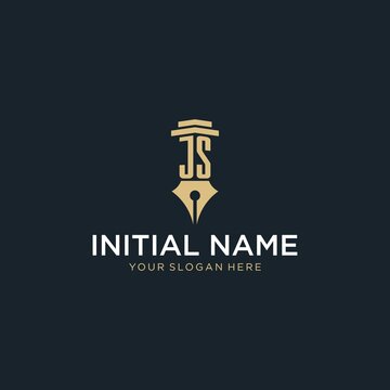 JS monogram initial logo with fountain pen and pillar style