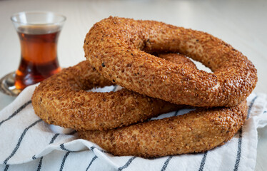 Simit / bagel, Turkish tea and striped towel