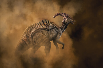 Obraz premium Parasaurolophus Dinosaur on smoke background