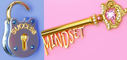 Key to success is Mindset - to win in work, business, family or life you need to focus on Mindset, it opens the doors that lead to victories and getting what you really want, 3d illustration