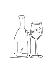 Line art, doodle ,one line of bottle of champagne and glass isolate on white background. Design for love,for your business.