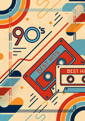 Retro music template with a cassette of 90's, tape with best hits. Vertical background for banner, Festival, Event, Club Flyer, Invitation, Poster. 